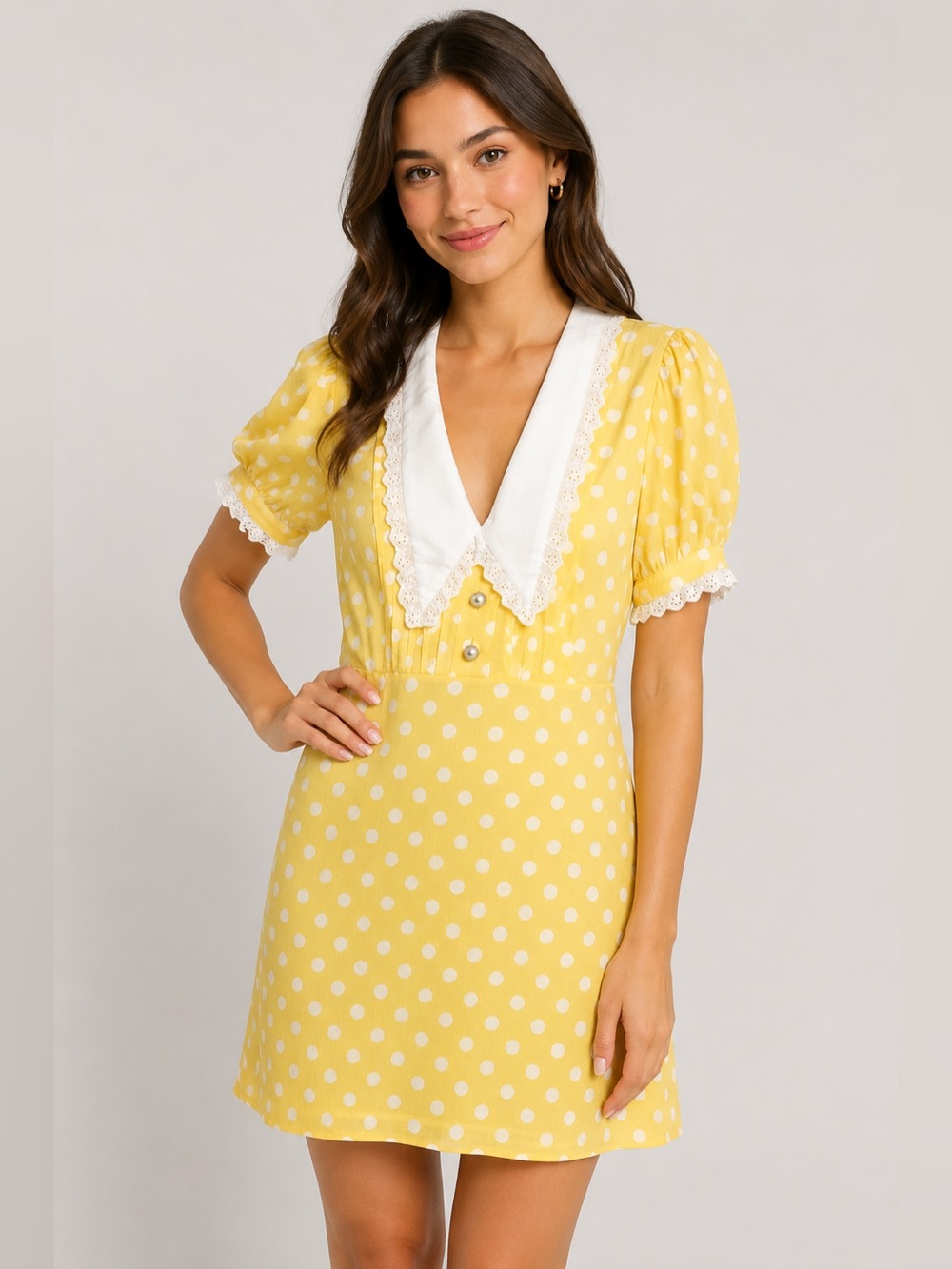 NWOT Kimchi Blue Urban Outfitters Yellow Polkadot Collared Dottie Mini Dress S - Picture 2 of 14